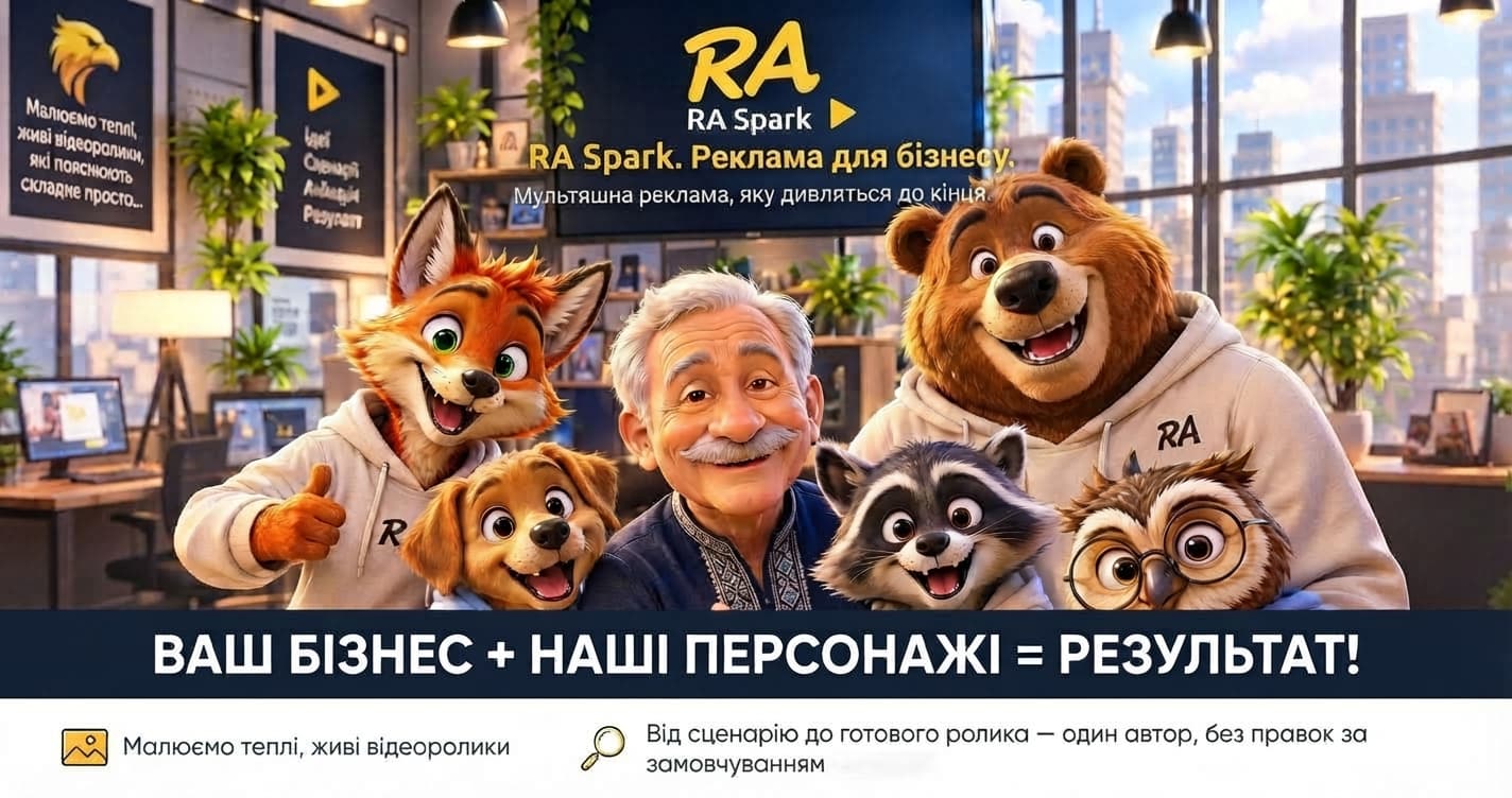 Команда персонажів студії RASpark разом із засновником в мультяшному офісі